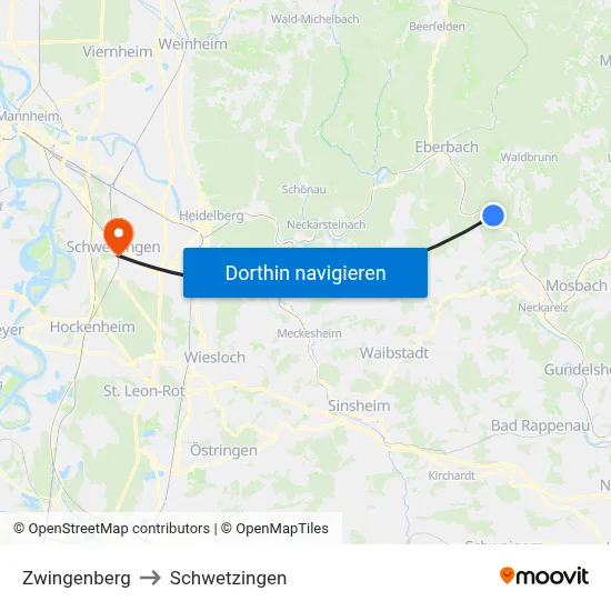 Zwingenberg to Schwetzingen map