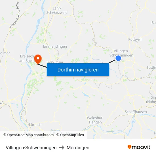 Villingen-Schwenningen to Merdingen map
