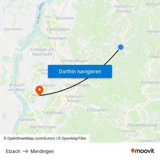 Elzach to Merdingen map