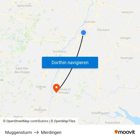 Muggensturm to Merdingen map