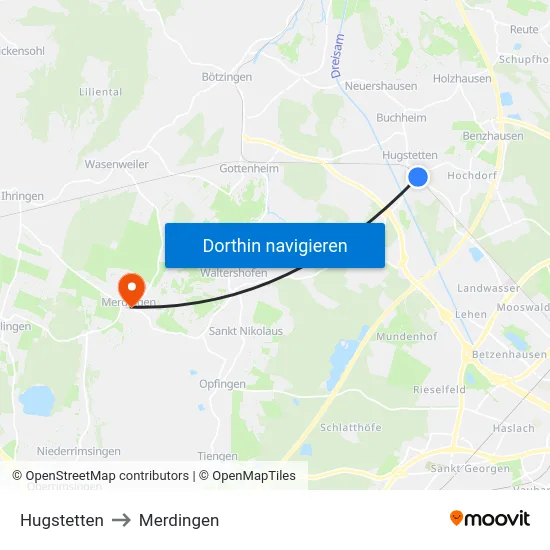 Hugstetten to Merdingen map