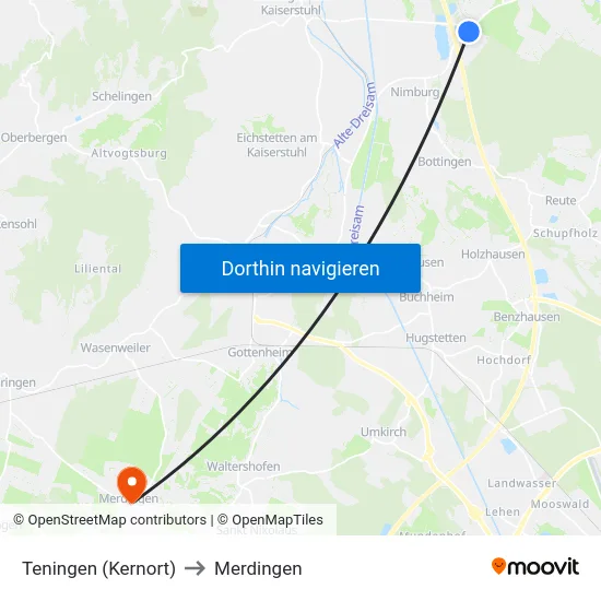 Teningen (Kernort) to Merdingen map