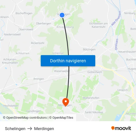 Schelingen to Merdingen map