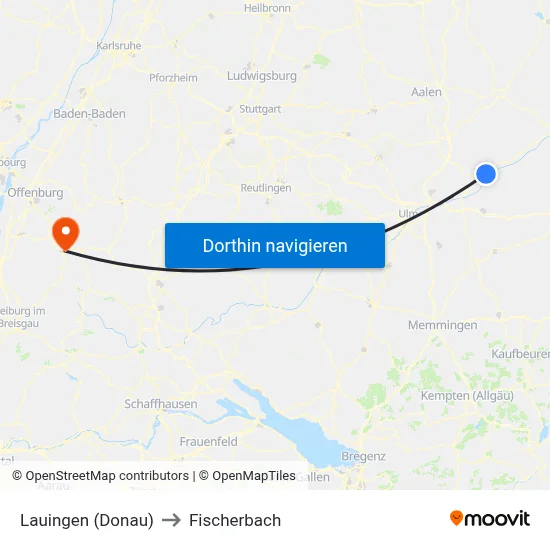 Lauingen (Donau) to Fischerbach map