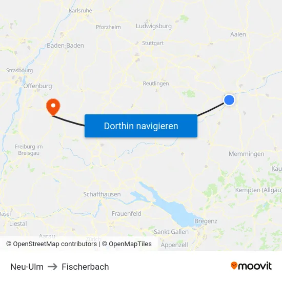 Neu-Ulm to Fischerbach map
