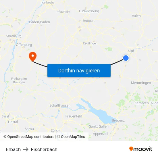 Erbach to Fischerbach map