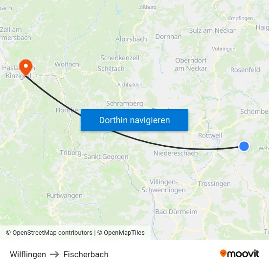Wilflingen to Fischerbach map
