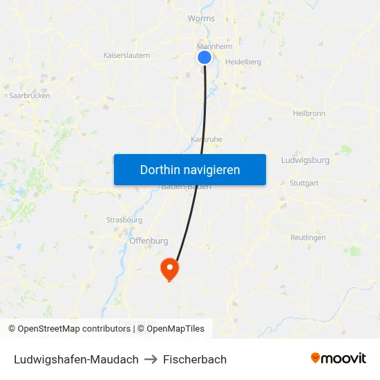 Ludwigshafen-Maudach to Fischerbach map
