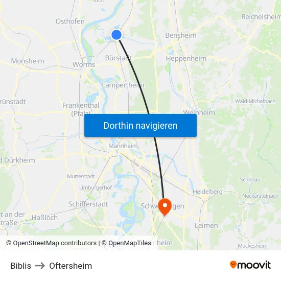 Biblis to Oftersheim map