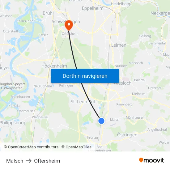Malsch to Oftersheim map