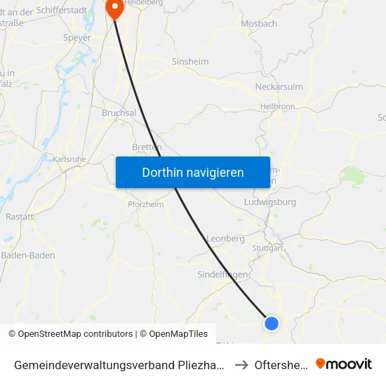 Gemeindeverwaltungsverband Pliezhausen to Oftersheim map