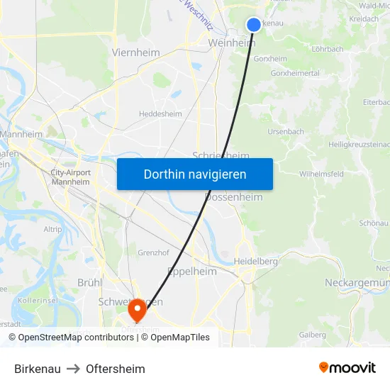 Birkenau to Oftersheim map
