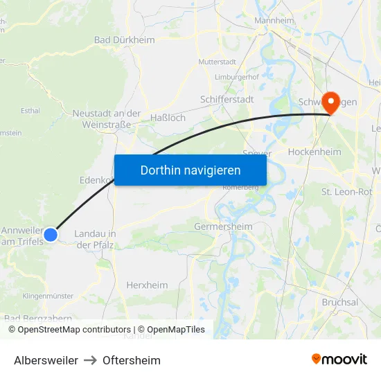 Albersweiler to Oftersheim map
