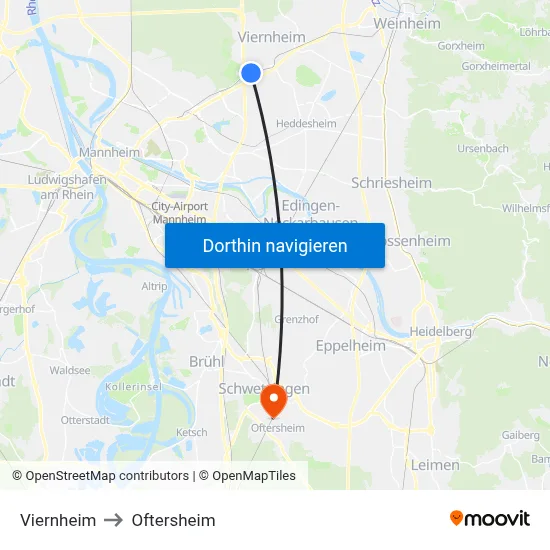 Viernheim to Oftersheim map