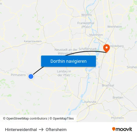 Hinterweidenthal to Oftersheim map