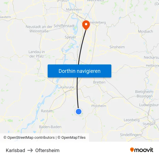 Karlsbad to Oftersheim map