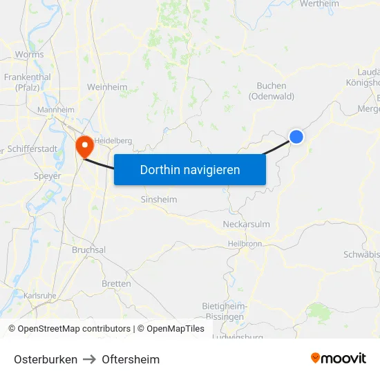 Osterburken to Oftersheim map