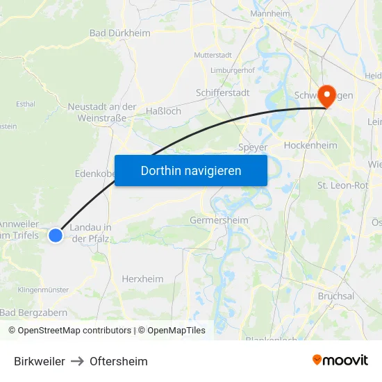 Birkweiler to Oftersheim map