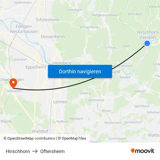 Hirschhorn to Oftersheim map