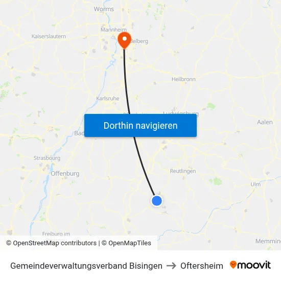 Gemeindeverwaltungsverband Bisingen to Oftersheim map