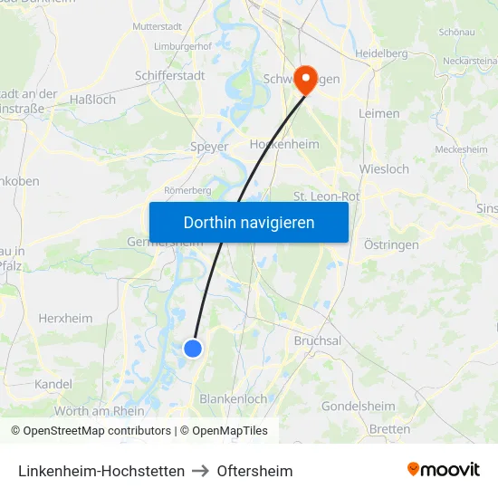 Linkenheim-Hochstetten to Oftersheim map