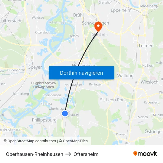 Oberhausen-Rheinhausen to Oftersheim map