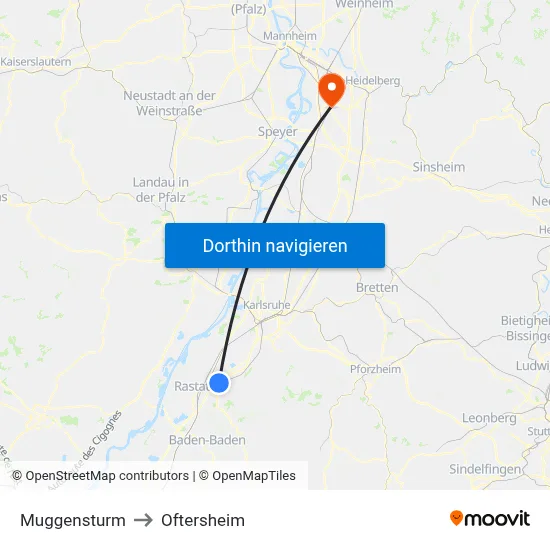 Muggensturm to Oftersheim map