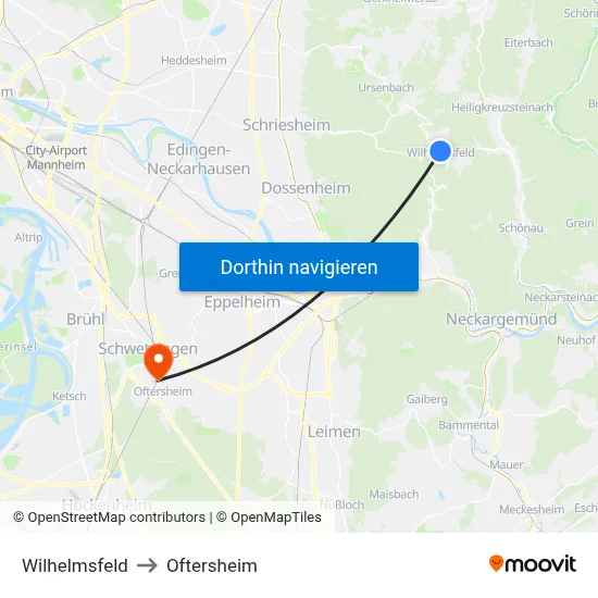 Wilhelmsfeld to Oftersheim map