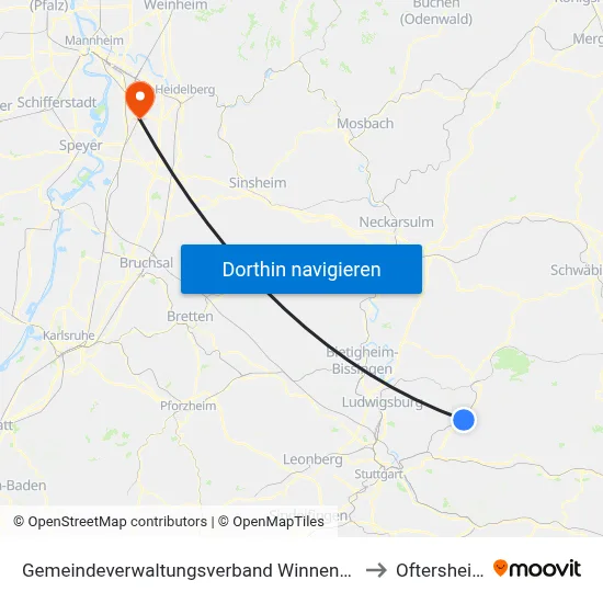 Gemeindeverwaltungsverband Winnenden to Oftersheim map