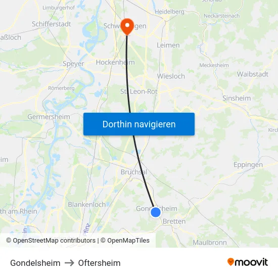 Gondelsheim to Oftersheim map