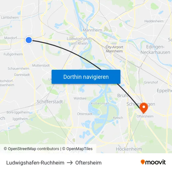 Ludwigshafen-Ruchheim to Oftersheim map