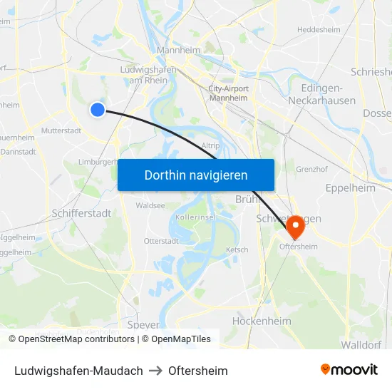 Ludwigshafen-Maudach to Oftersheim map