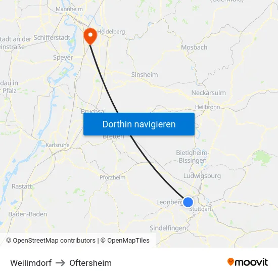Weilimdorf to Oftersheim map