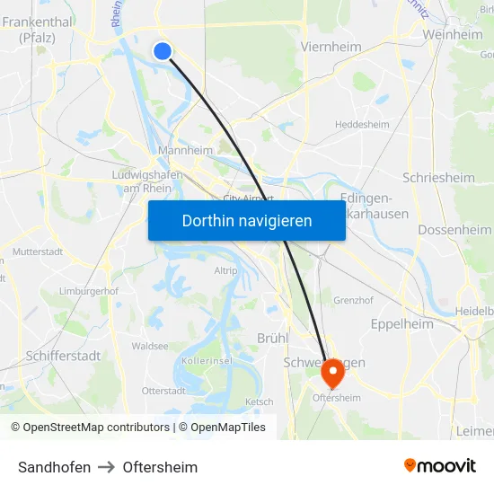 Sandhofen to Oftersheim map