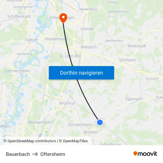 Bauerbach to Oftersheim map