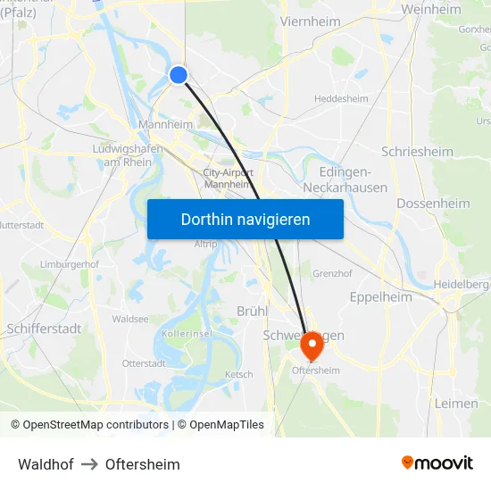 Waldhof to Oftersheim map