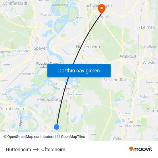 Huttenheim to Oftersheim map