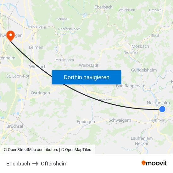 Erlenbach to Oftersheim map