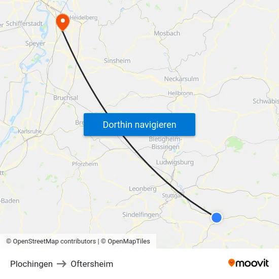 Plochingen to Oftersheim map