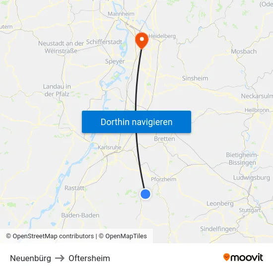 Neuenbürg to Oftersheim map