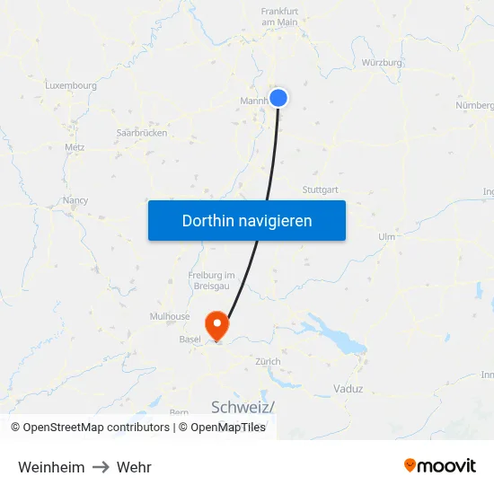 Weinheim to Wehr map
