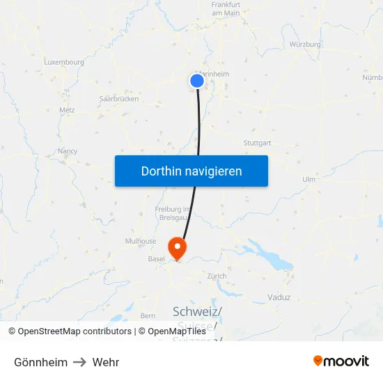 Gönnheim to Wehr map