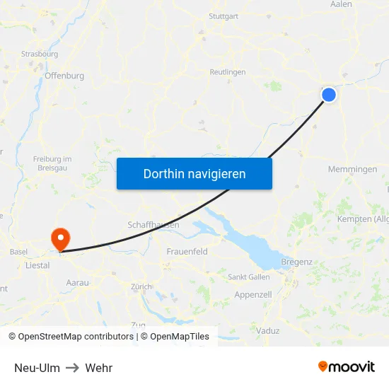 Neu-Ulm to Wehr map