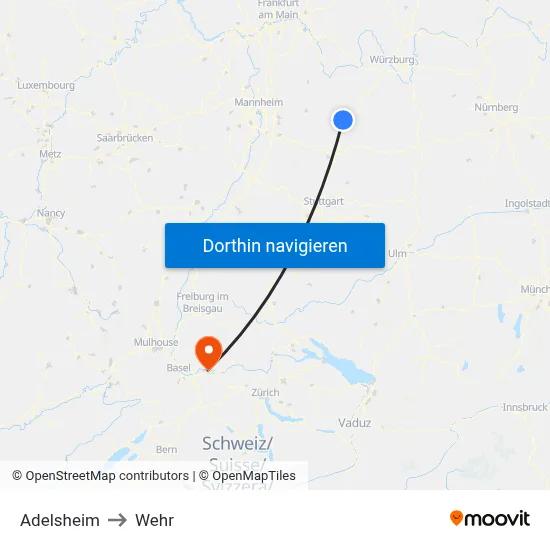 Adelsheim to Wehr map