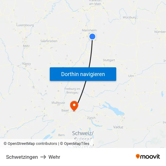 Schwetzingen to Wehr map