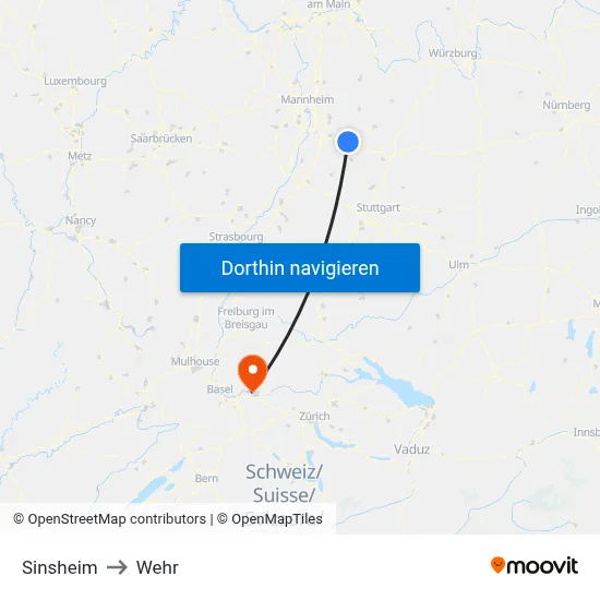 Sinsheim to Wehr map
