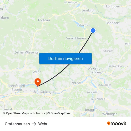 Grafenhausen to Wehr map