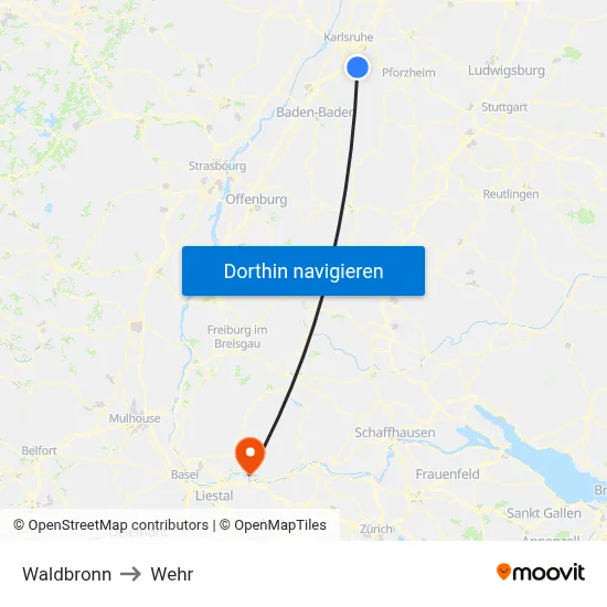 Waldbronn to Wehr map