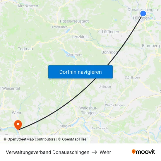 Verwaltungsverband Donaueschingen to Wehr map