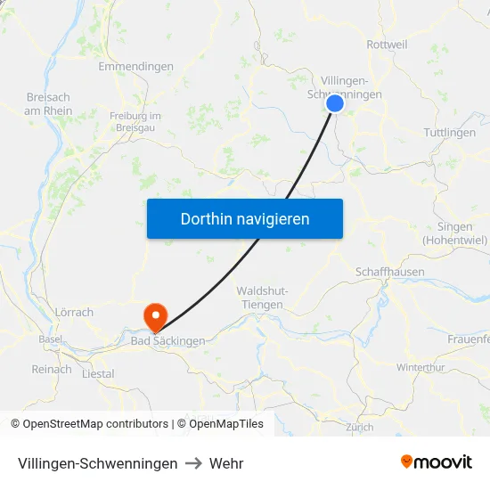 Villingen-Schwenningen to Wehr map